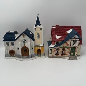 Holiday Snow Village Collectible Lighted Church & Cottage House Set Christmas